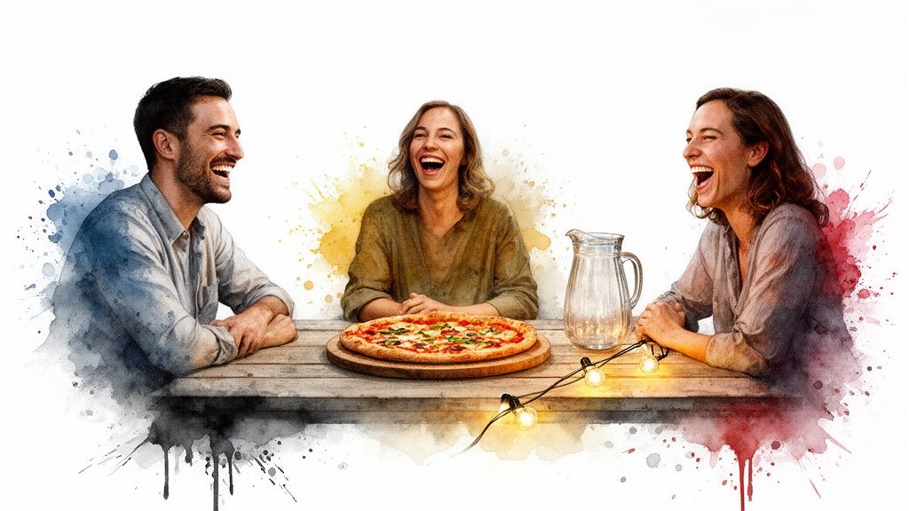 Three happy friends laughing and enjoying pizza at a wooden table with watercolor splashes.