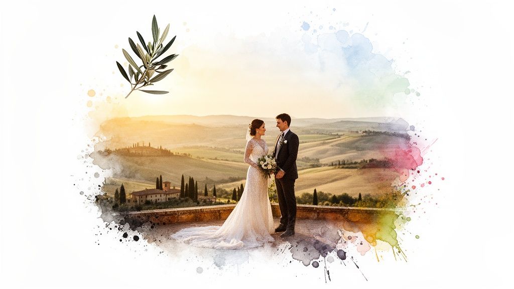 A newlywed couple on a balcony overlooking golden Italian hills at sunset, in a watercolor splash style.