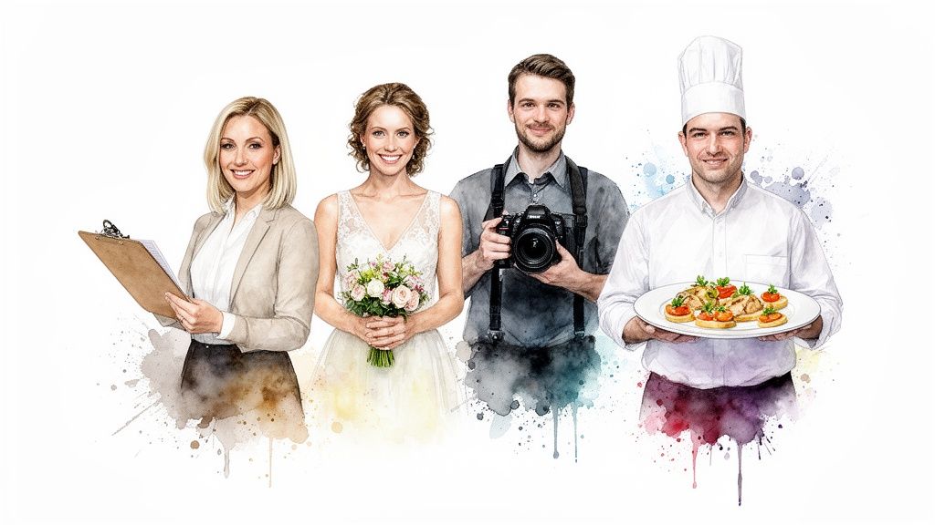 Watercolor illustration of wedding professionals: an event planner, a bride, a photographer, and a chef.