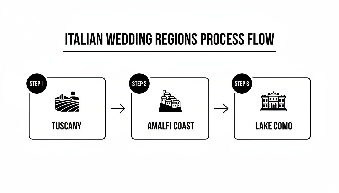 A process flow diagram illustrating three top Italian wedding regions: Tuscany, Amalfi Coast, and Lake Como, with icons.