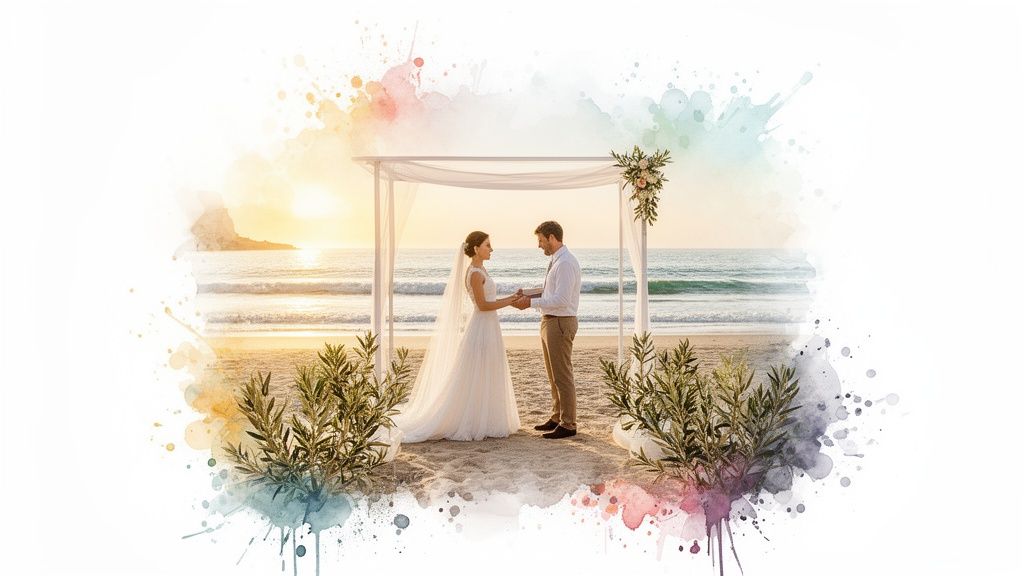 A couple exchanges vows during a beautiful beach wedding ceremony under an arch at sunset.