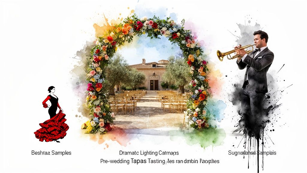 Watercolor illustration of a vibrant Spanish-themed wedding with floral arch, flamenco dancer, and trumpeter.