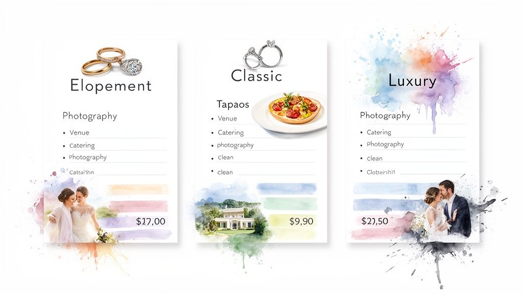 Three cards illustrate Elopement, Classic, and Luxury wedding packages, listing services and prices.