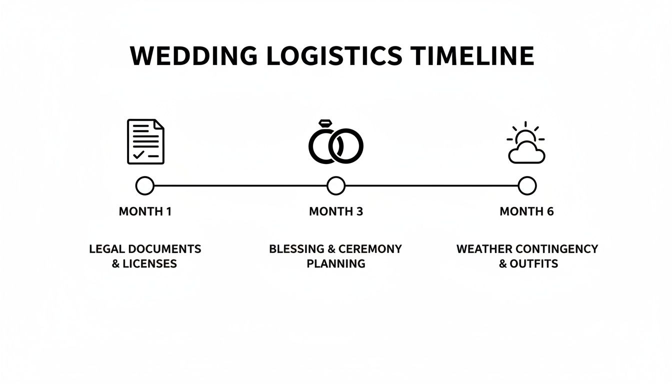 A wedding logistics timeline showing steps for legal documents, ceremony planning, and weather preparation over six months.