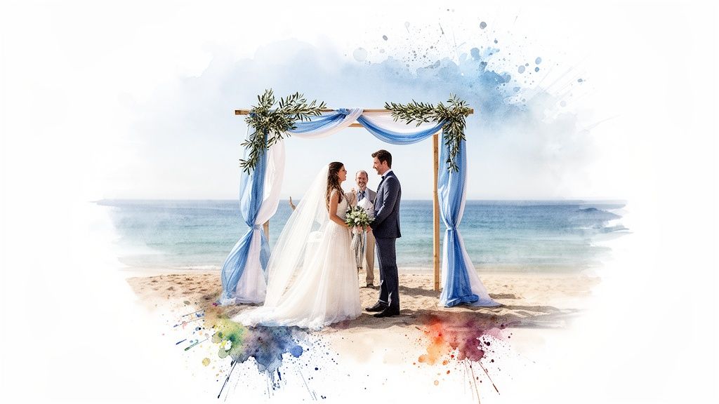 A happy couple exchanges vows under a decorated arch on a sandy beach during their wedding.
