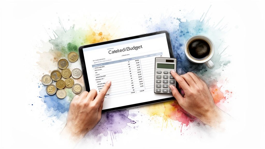 Hands using a tablet with a budget spreadsheet and a calculator, surrounded by coins and a coffee cup.