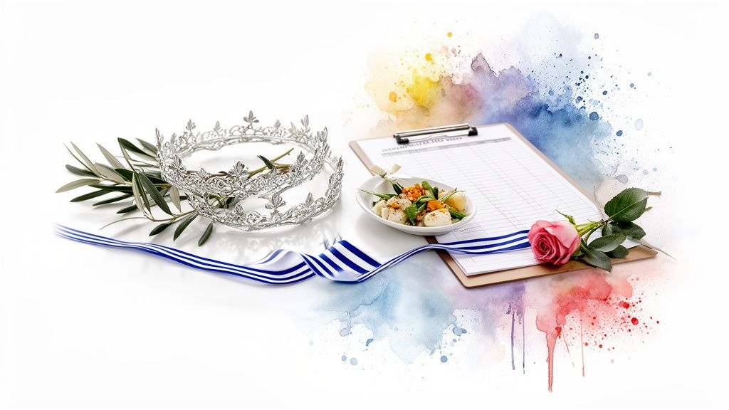 Elegant display of Greek wedding crowns, olive branch, blue ribbon, and a rose.
