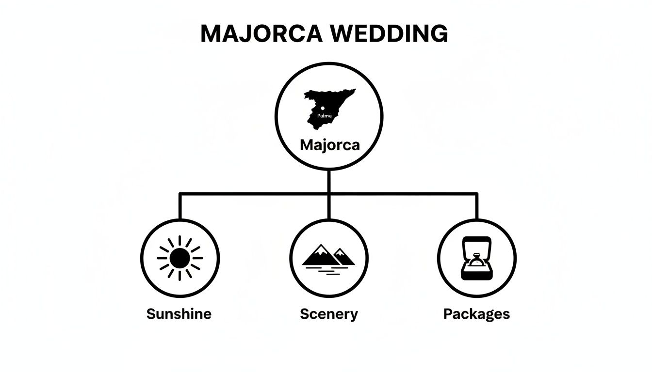 Infographic showing Majorca wedding details: location, sunshine, scenery, and service packages.