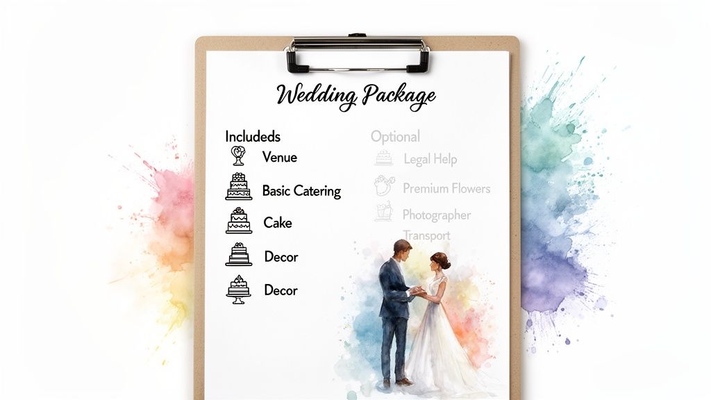 A wedding package list on a clipboard, detailing included and optional services for a wedding.