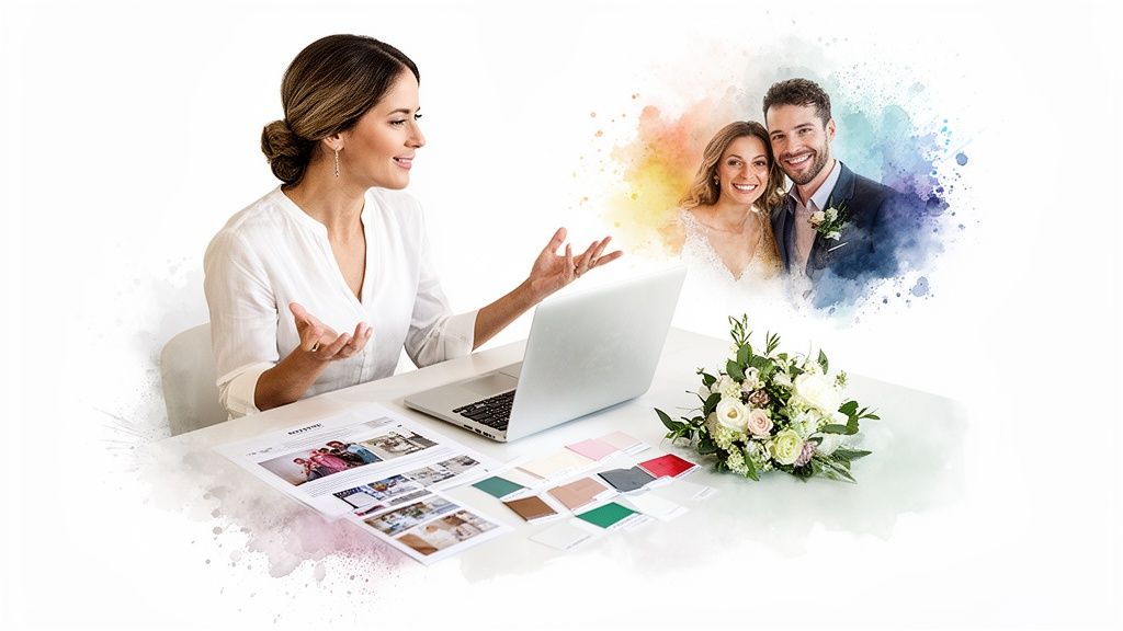 A wedding planner consults with a couple on a screen, surrounded by color swatches, documents, and a bouquet.
