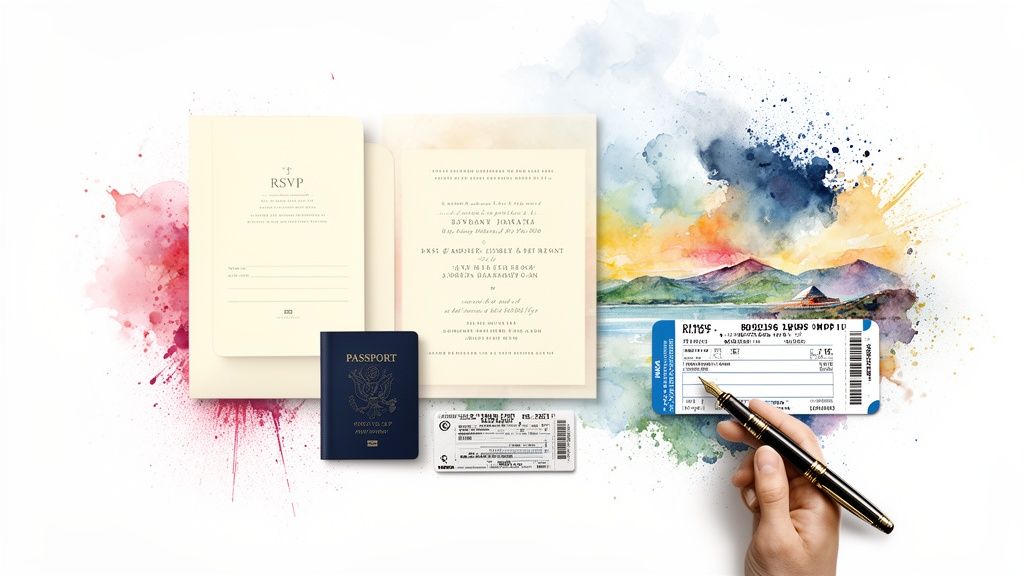 Wedding invitation suite, passport, and airline ticket with a hand writing, on a watercolor background.