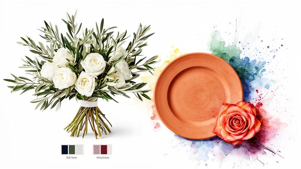 A bouquet of white roses and olive branches next to a terracotta plate, a peach rose, and colorful watercolor splashes.