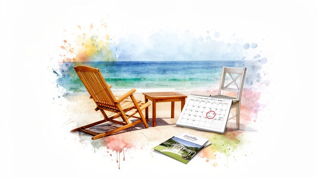 A watercolor-style image of a beach with lounge chairs, a table, a calendar marking a date, and a wedding brochure, symbolizing event planning.