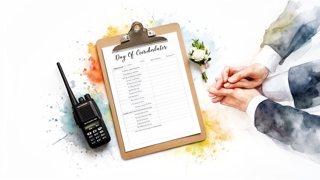 Wedding day coordination essentials: a clipboard with a timeline, walkie-talkie, boutonniere, and a couple's clasped hands.
