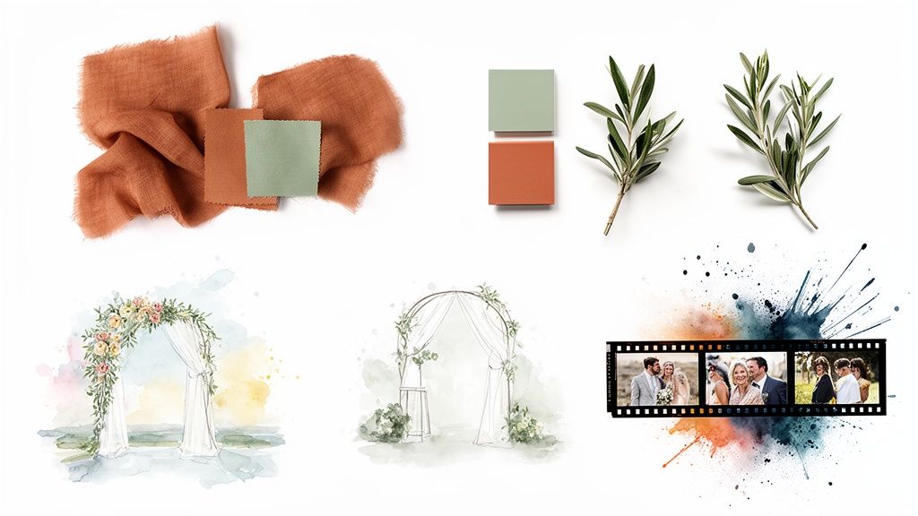 Wedding inspiration board featuring color swatches, olive branches, watercolor arches, and film strip photos.