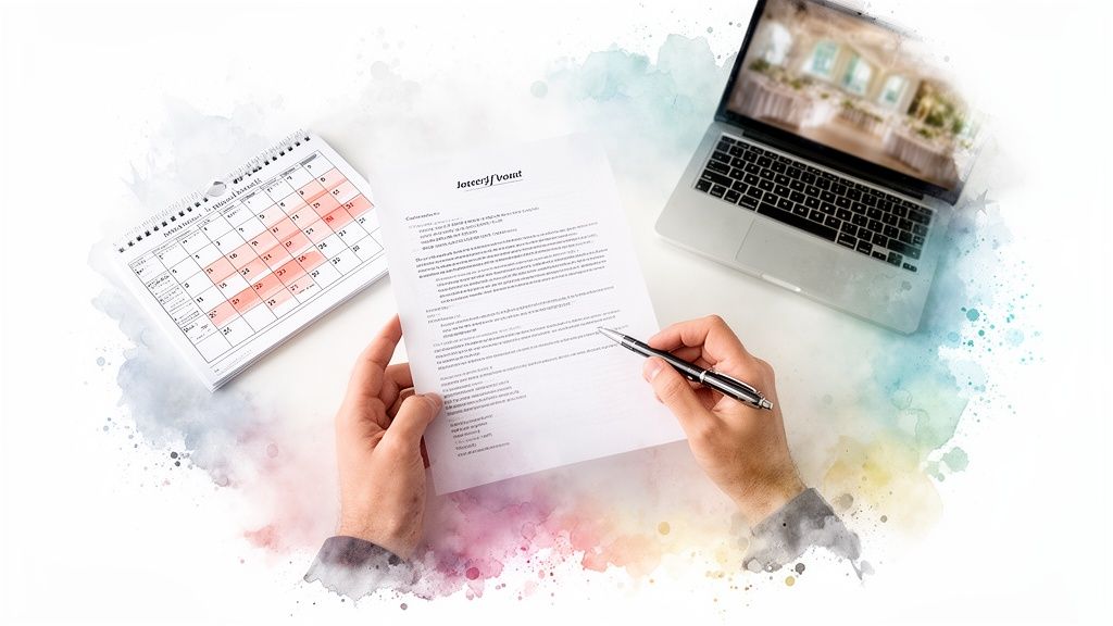 Hands reviewing wedding plans and a contract, with a calendar of highlighted dates and a laptop.