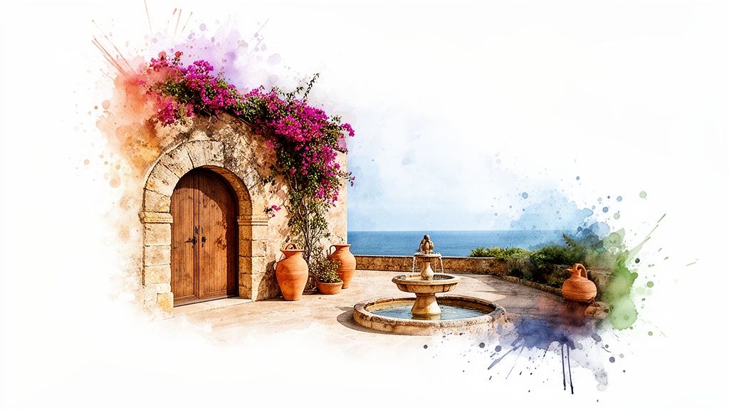 Watercolor painting of a Mediterranean villa entrance with pink bougainvillea, a stone fountain, and the sea.