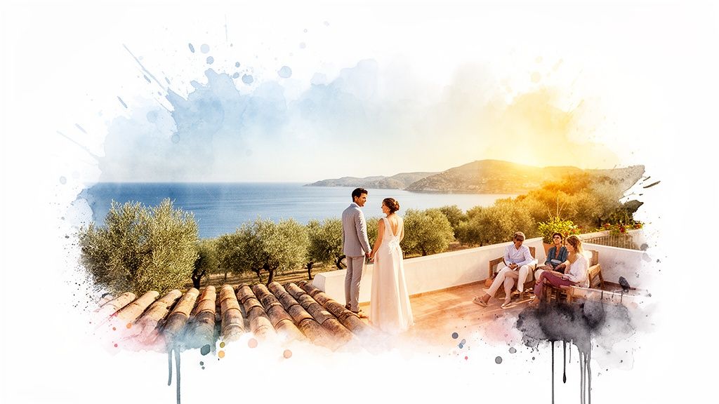A couple holding hands on a rooftop overlooking the sea and olive groves during sunset, with guests nearby.
