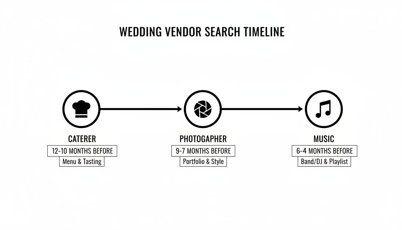 A wedding vendor search timeline showing when to book caterer, photographer, and music for a wedding.