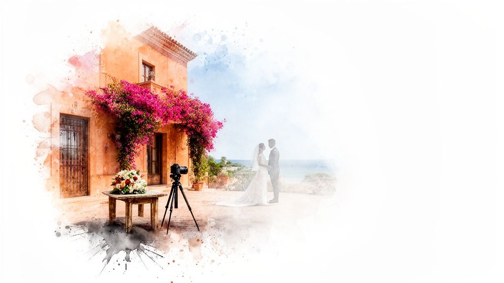 Watercolor-style image of a bride and groom at an outdoor wedding venue with ocean views.