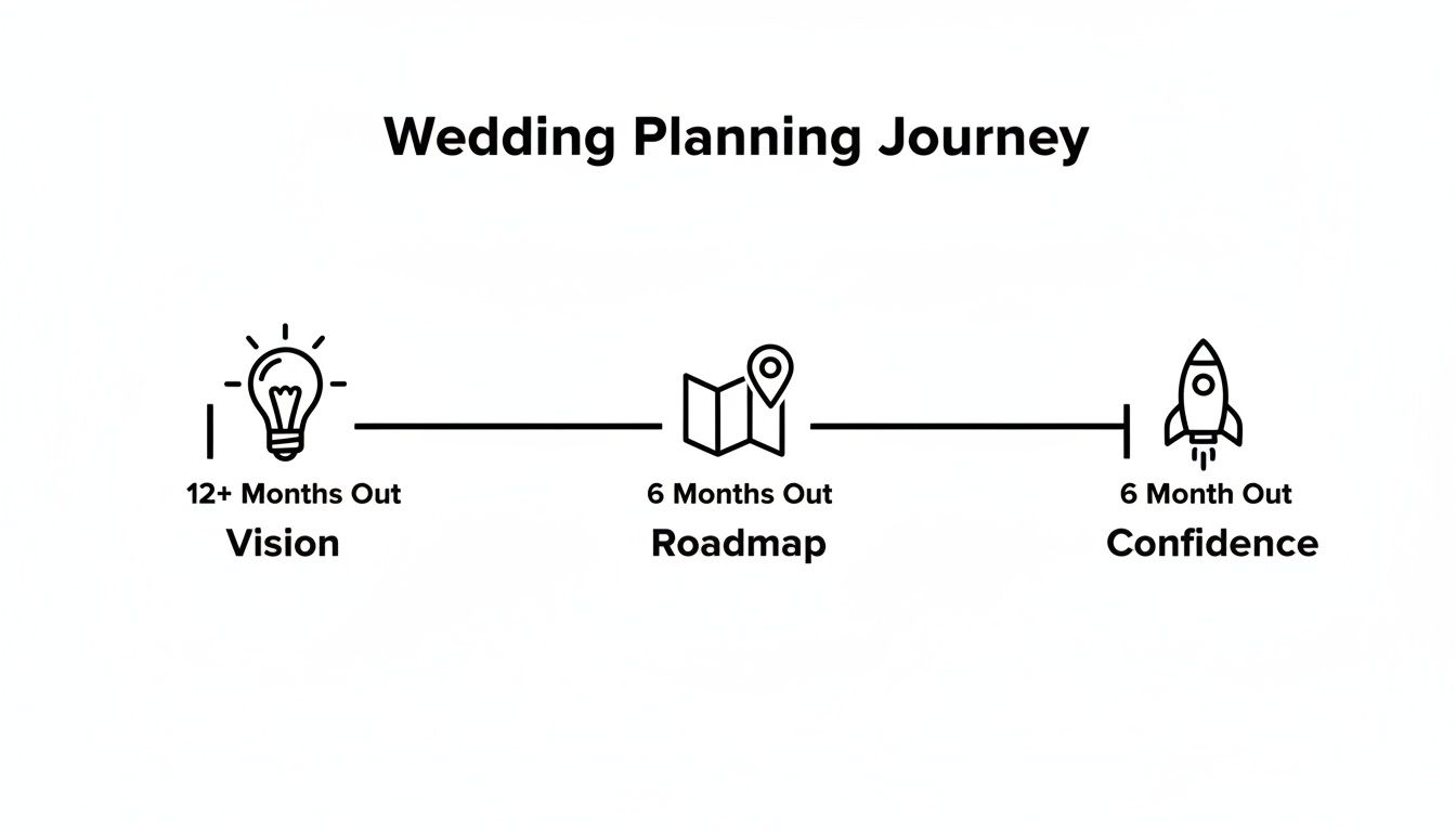 Infographic illustrating a wedding planning journey: Vision (12+ months out), Roadmap (6 months out), and Confidence (6 months out).