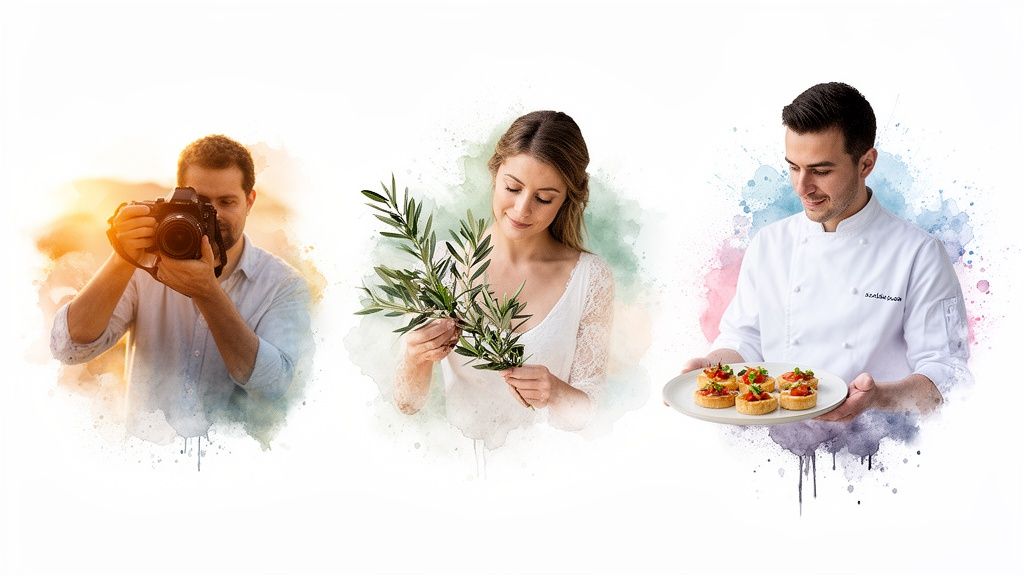 Three professionals: a photographer, a woman holding olive branches, and a chef with appetizers.
