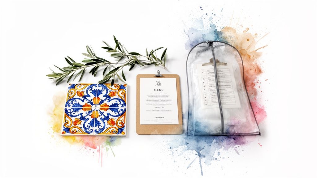 A flat lay of Mediterranean-inspired wedding planning items, including olive branch, tile, menu, and checklist.