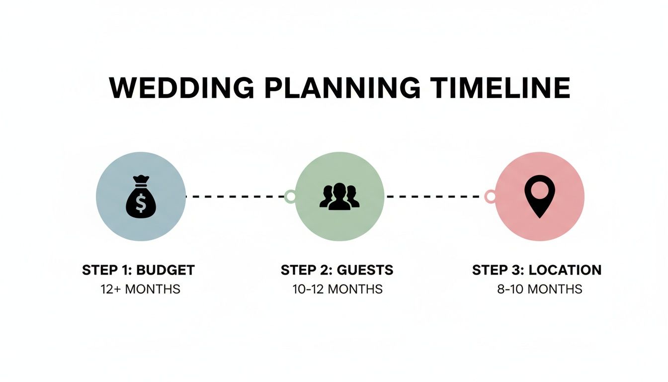A wedding planning timeline visually outlining three key steps: budget, guests, and location, with corresponding timeframes.