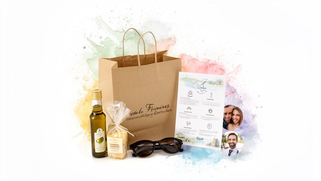 A welcoming gift package featuring a brown bag, olive oil, a brochure, sunglasses, and photos.