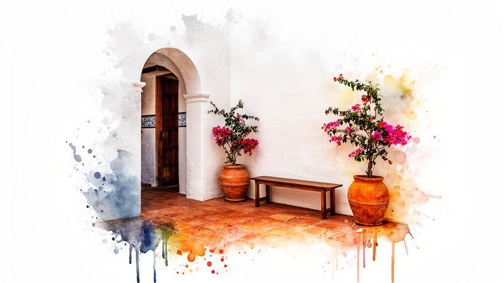 Watercolor painting of a white wall, arched door, terracotta pots with pink flowers, and a wooden bench.