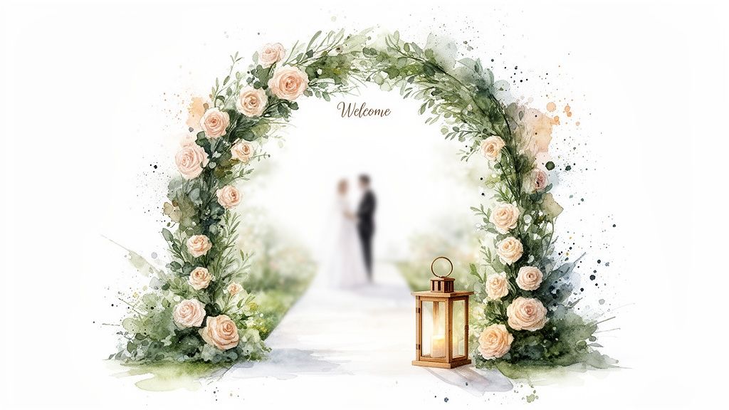 Watercolor wedding arch adorned with peach roses and green leaves, a blurred couple, and a lantern.