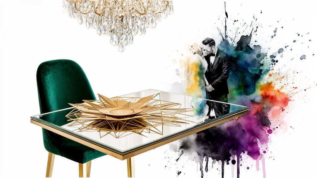 A luxurious dining setting featuring a green velvet chair, mirrored table with gold decor, crystal chandelier, and a couple with colorful watercolor splashes.
