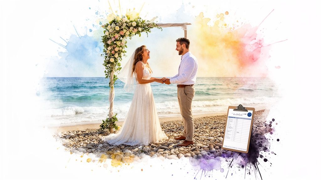 A happy couple exchanges vows on a beautiful beach under a floral arch, with a checklist.