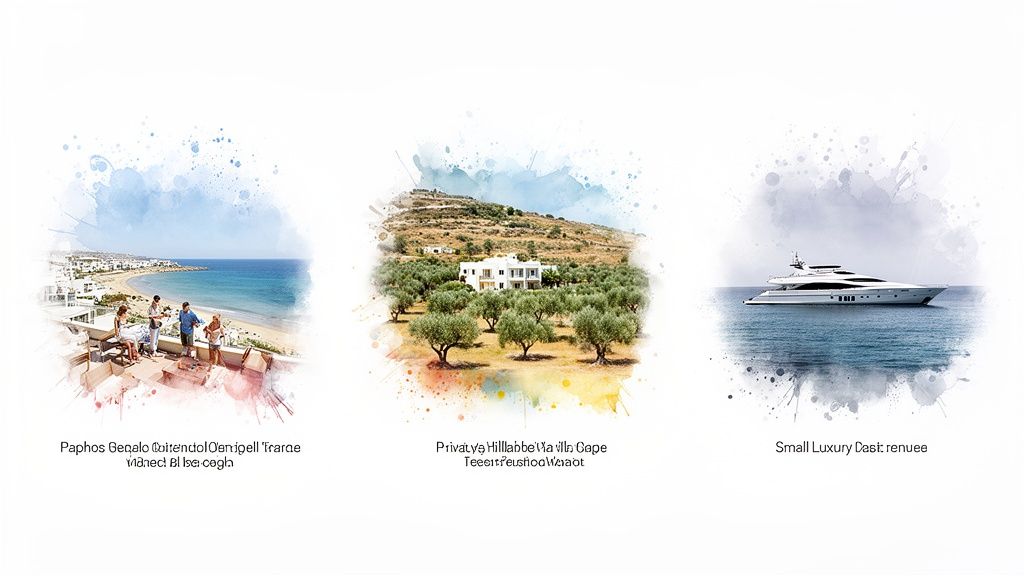 Three watercolor-style vignettes feature a coastal resort, a private villa with olive trees, and a luxury yacht.