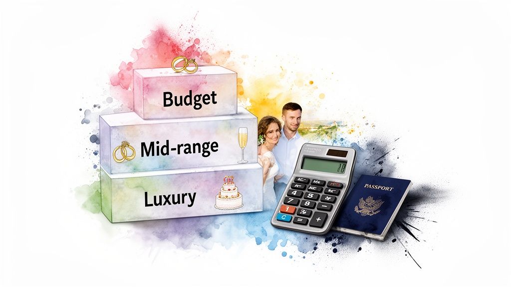 A couple plans wedding packages, considering budget, mid-range, and luxury options with a calculator and passport.