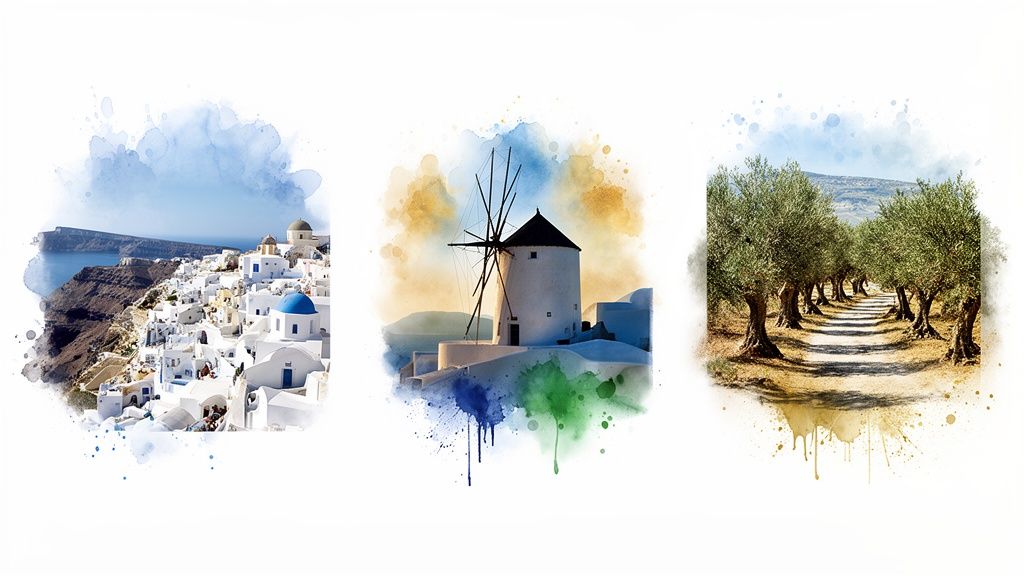 Three vibrant watercolor paintings depicting iconic Greek landscapes: a whitewashed village, a windmill, and an olive grove path.