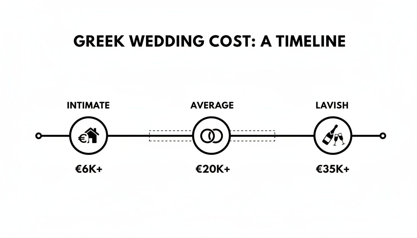 A timeline illustrates Greek wedding costs, categorizing intimate (€6K+), average (€20K+), and lavish (€35K+) options.