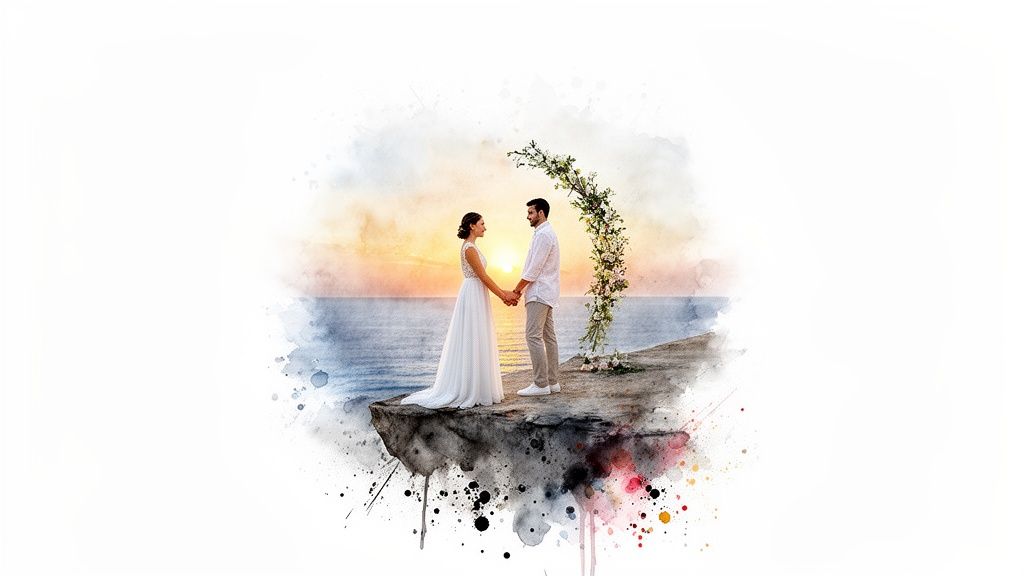 A watercolor-style image of a newlywed couple holding hands on a cliff overlooking the sea at sunset, with a floral arch.