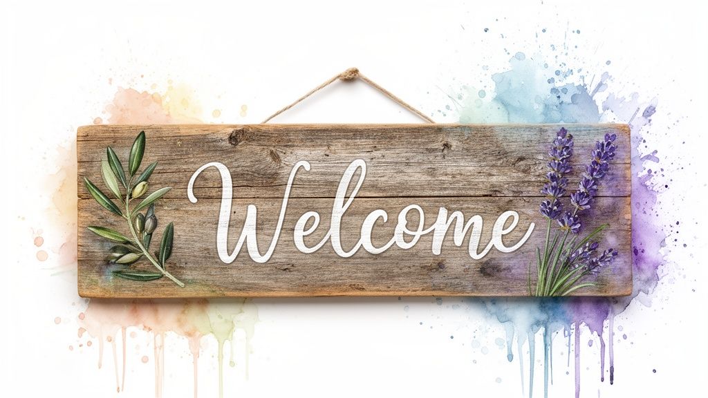 Rustic welcome sign with an olive branch, lavender, and colorful watercolor splashes on white background.