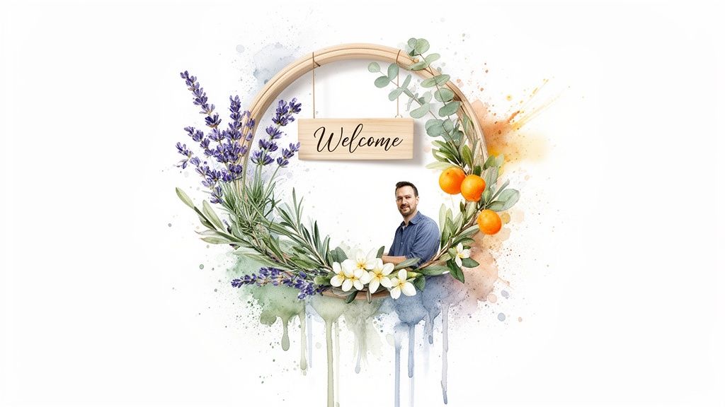 Watercolor floral hoop welcome sign featuring a smiling man, lavender, and oranges.