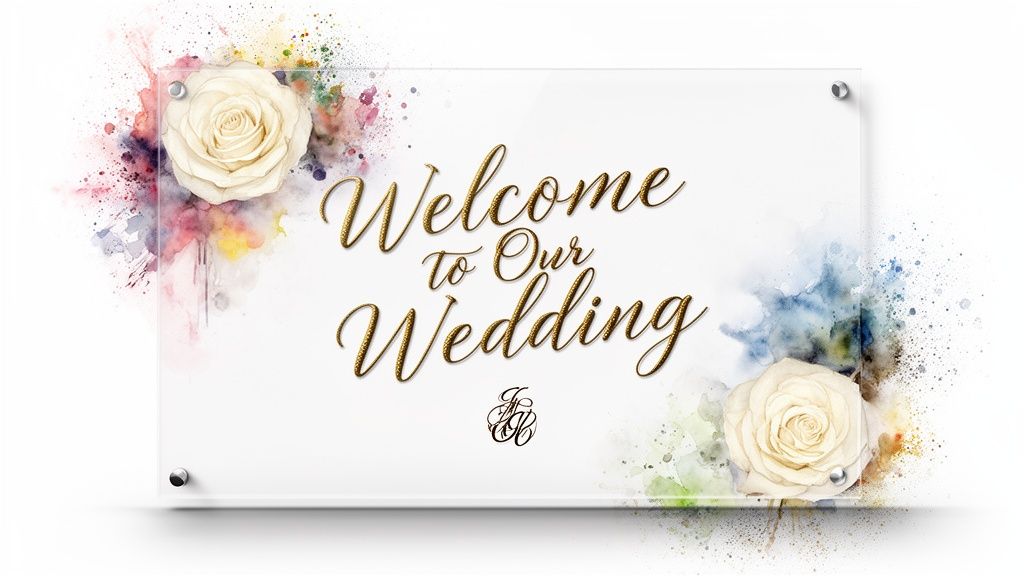 Clear acrylic wedding welcome sign with gold script text, watercolor roses, and colorful splashes.