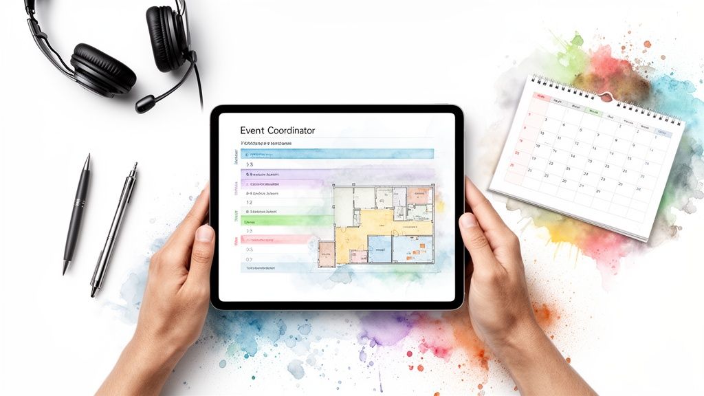 Hands hold a tablet displaying event coordination software and a floor plan, with headphones, pens, and a calendar nearby.