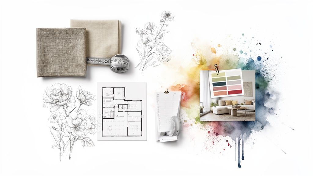 A creative flat lay of interior design elements including fabric swatches, floor plans, color palettes, and watercolor splashes.